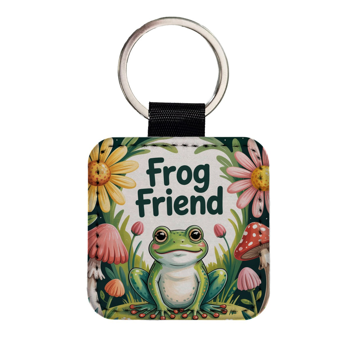 Frog Friend Charming Square Faux Leather Keychain