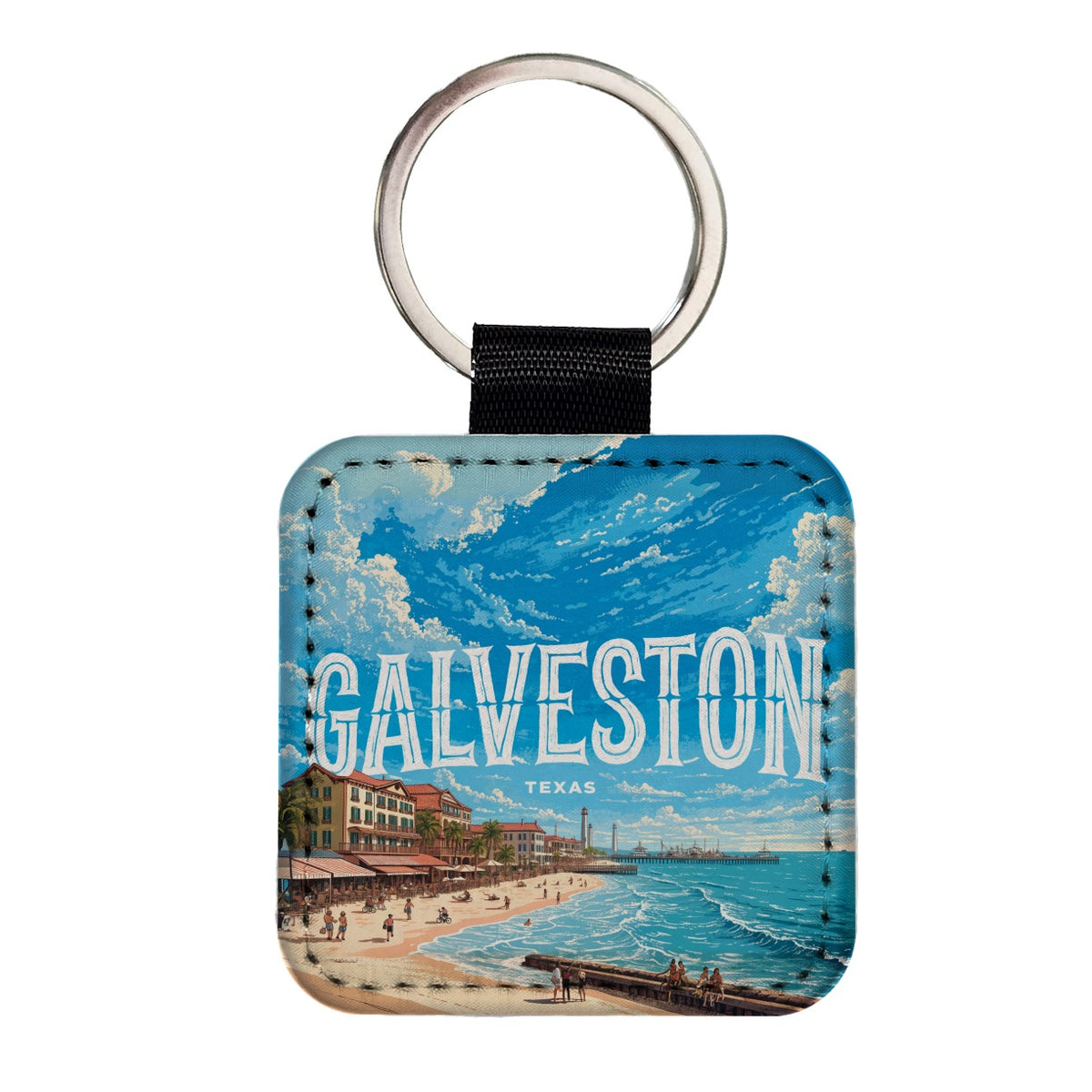 Galveston Texas Travel Square Faux Leather Keychain