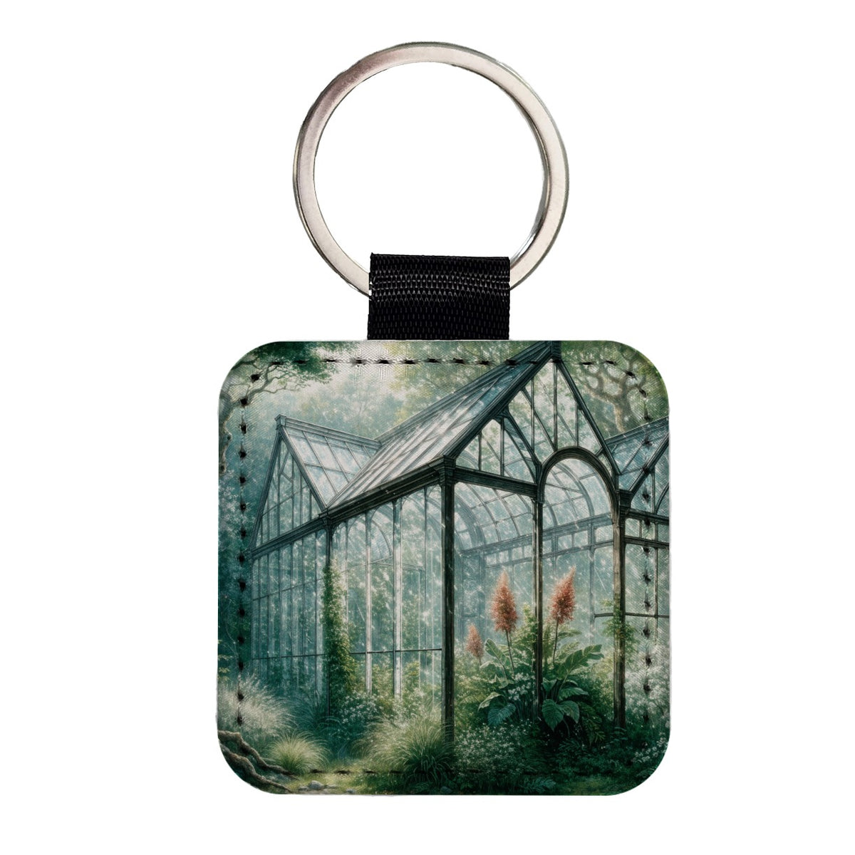 Garden Glass Conservatory Square Faux Leather Keychain