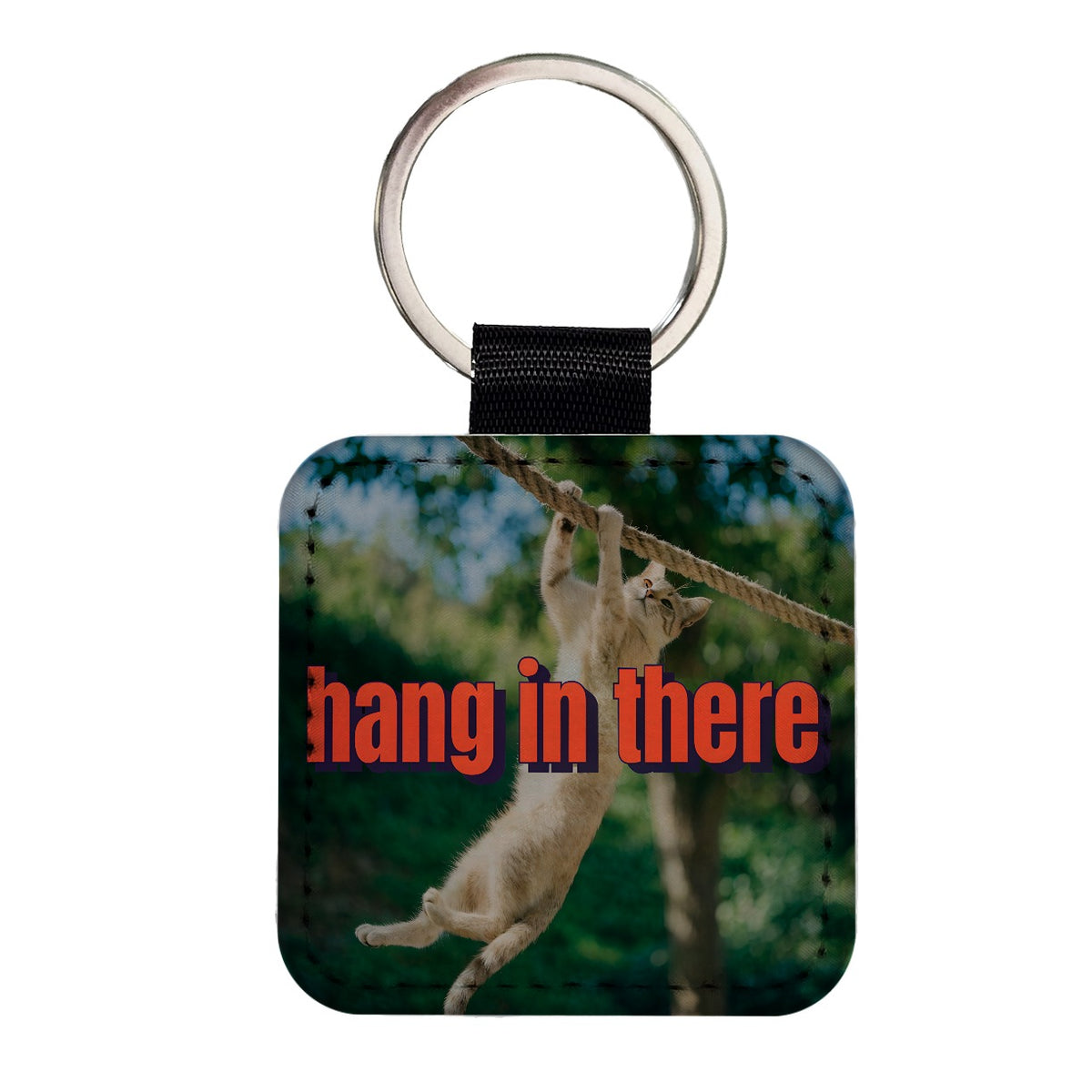 Hang In There Cat Funny Square Faux Leather Keychain