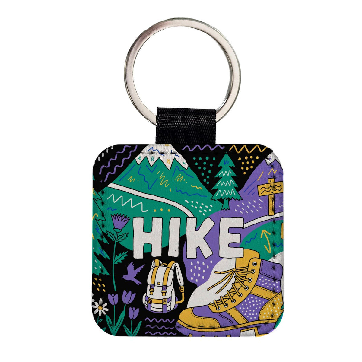 Hike Hiking Hiker Boot Bold Art Square Faux Leather Keychain