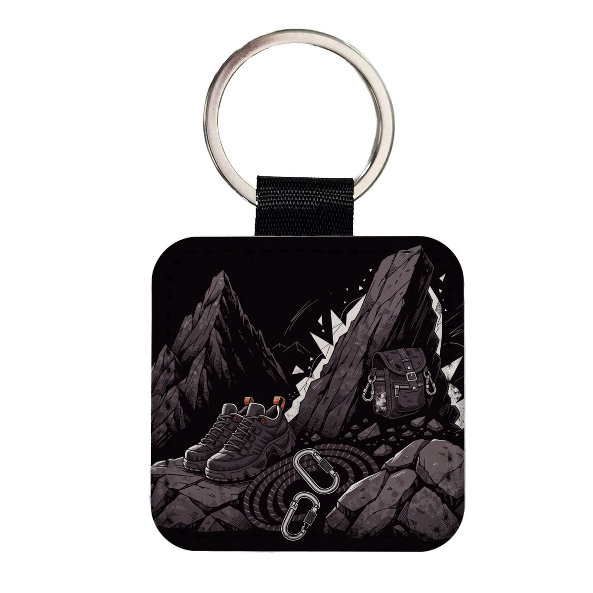 Hiking Rock Climbing Gear Dark Mountain Square Faux Leather Keychain