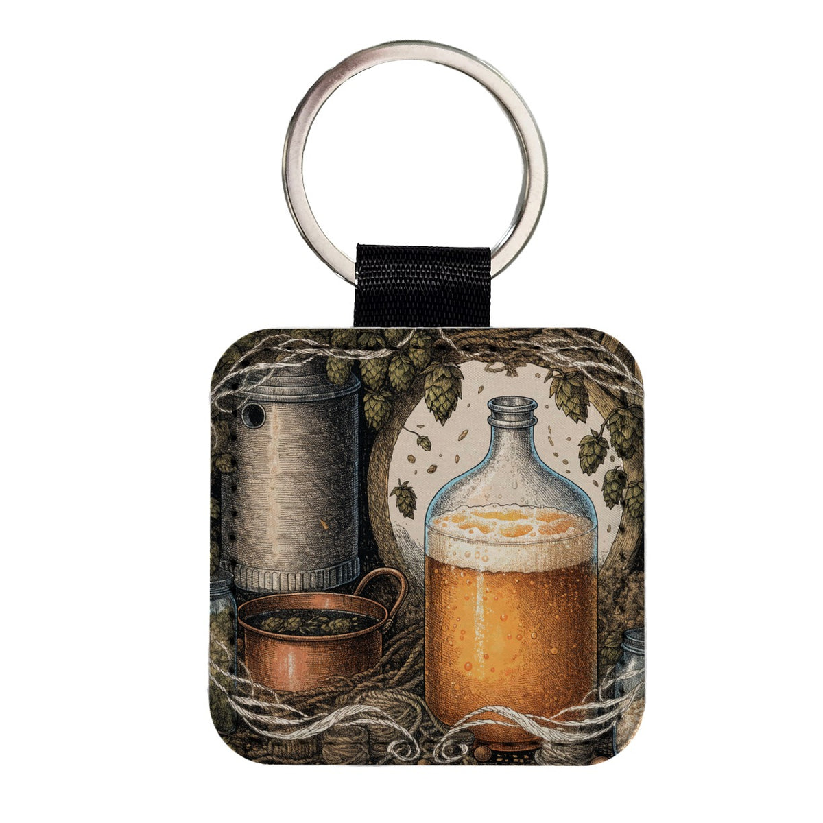 Home Brewing Beer Square Faux Leather Keychain