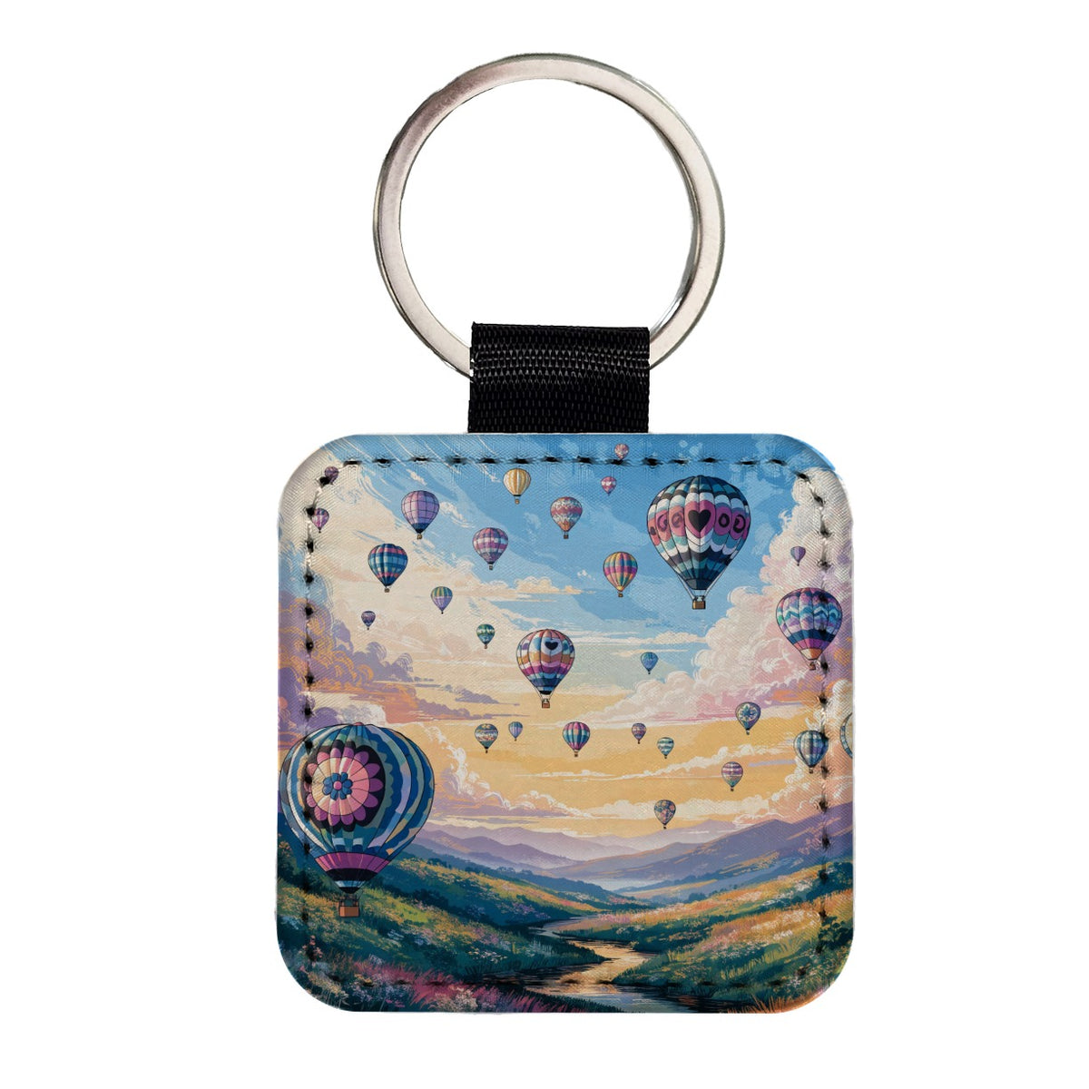 Hot Air Balloons Festival Square Faux Leather Keychain
