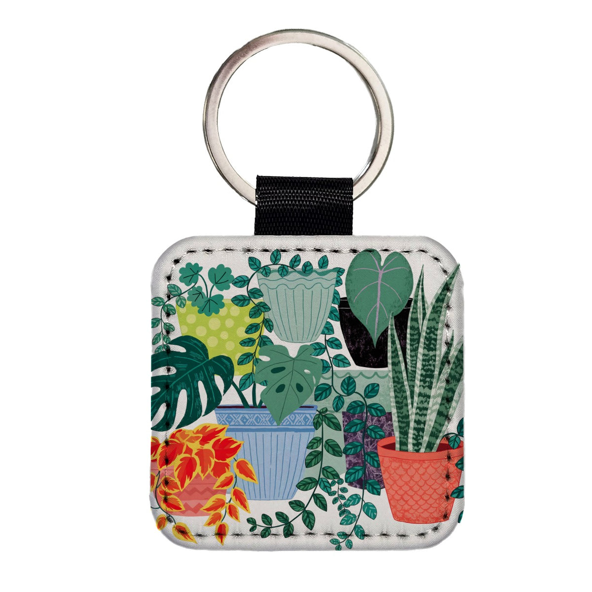 Houseplant Plant Lover Square Faux Leather Keychain