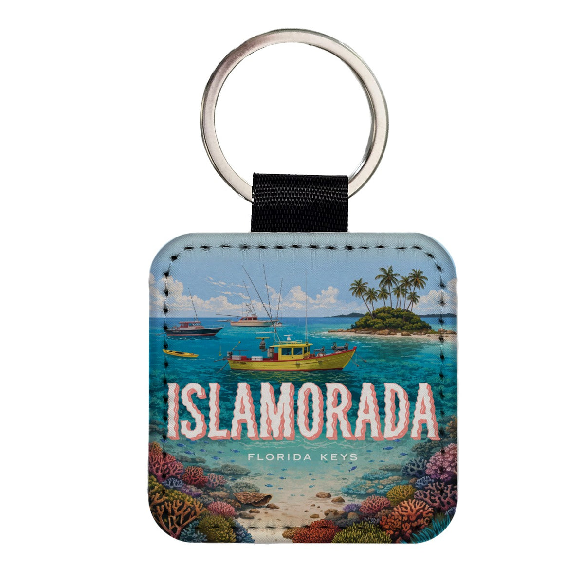 Islamorada Florida Travel Square Faux Leather Keychain