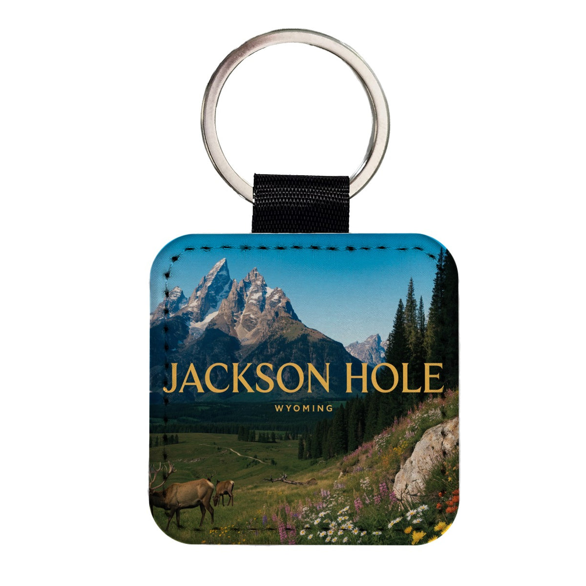 Jackson Hole Wyoming Travel Scenic Square Faux Leather Keychain