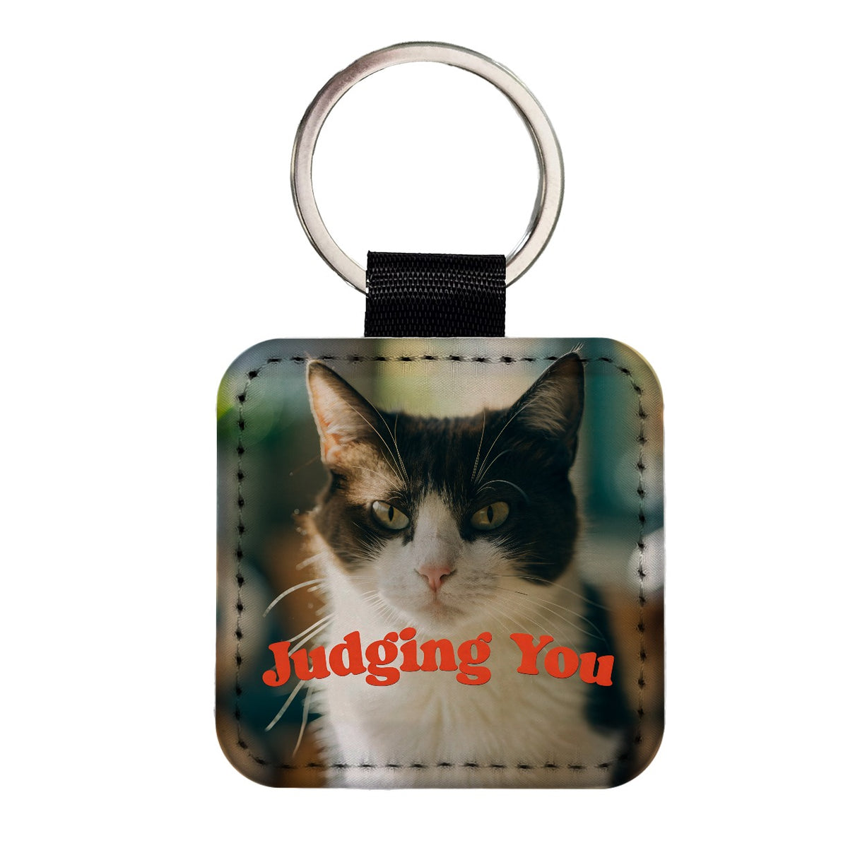 Judging You Cat Funny Square Faux Leather Keychain