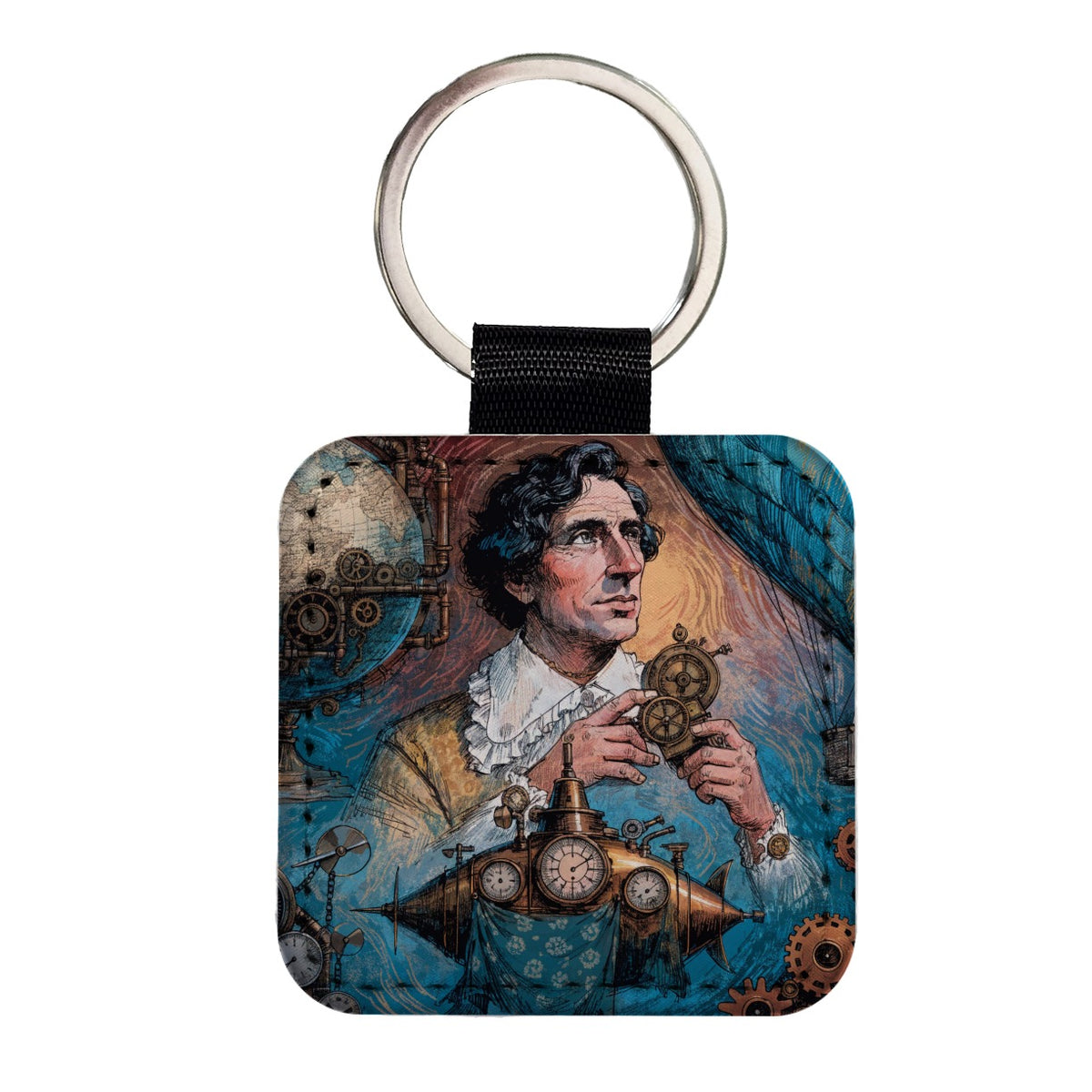Jules Verne Author Square Faux Leather Keychain