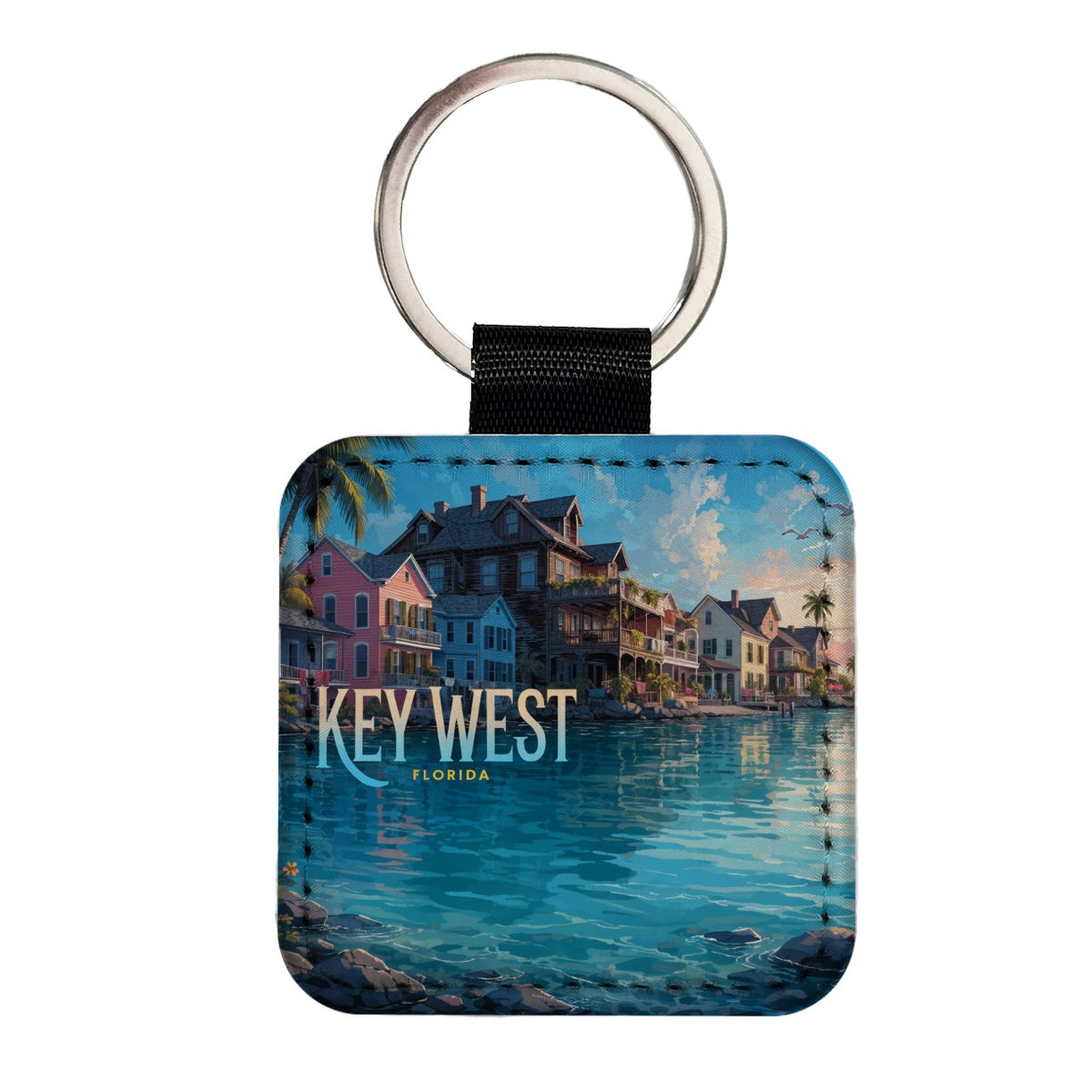 Key West Florida Travel Square Faux Leather Keychain