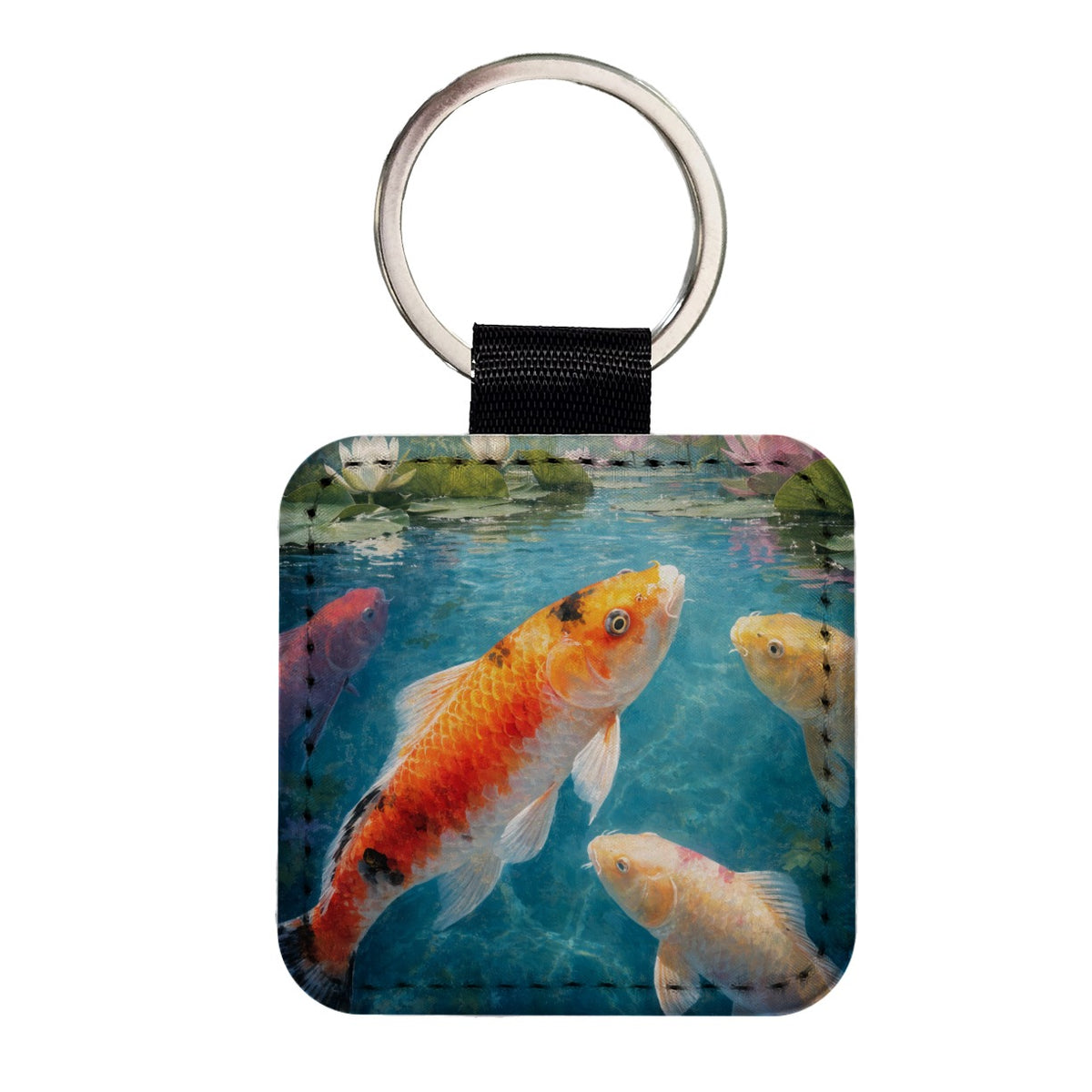 Koi Water Lily Pond Square Faux Leather Keychain
