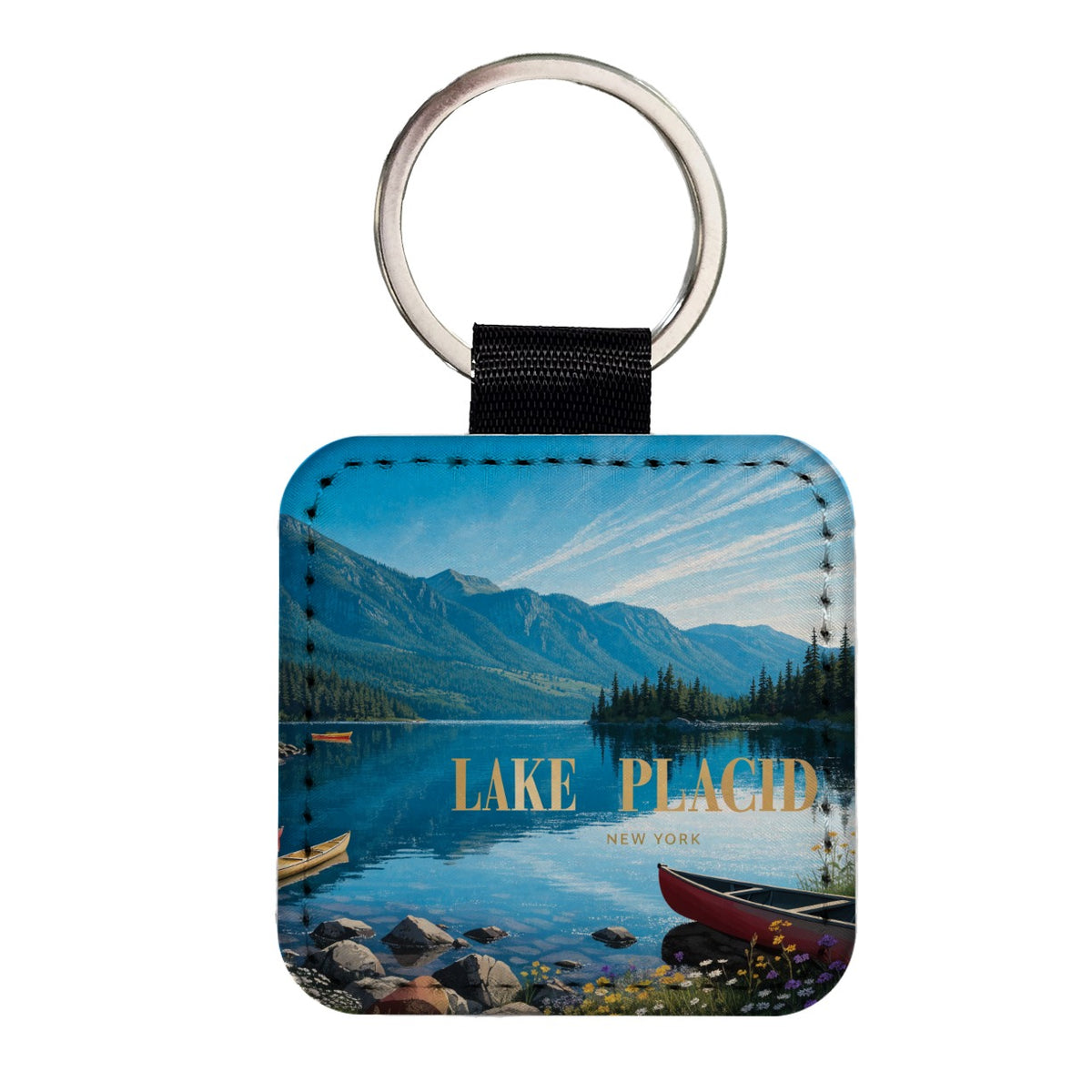 Lake Placid New York Travel Square Faux Leather Keychain