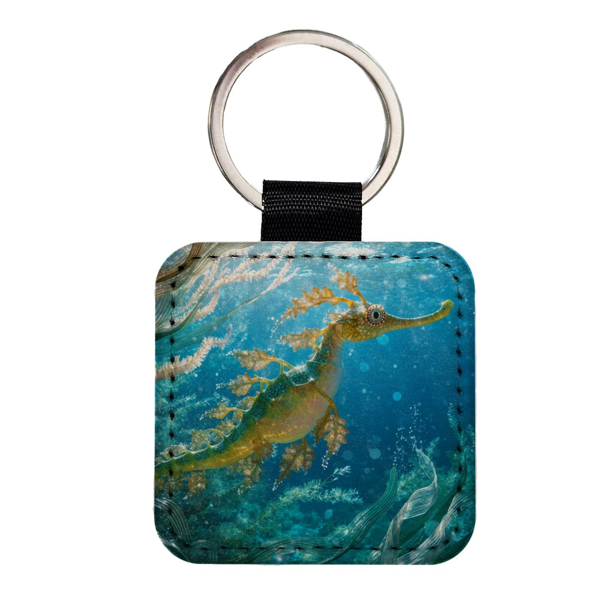 Leafy Seadragon Ocean Square Faux Leather Keychain