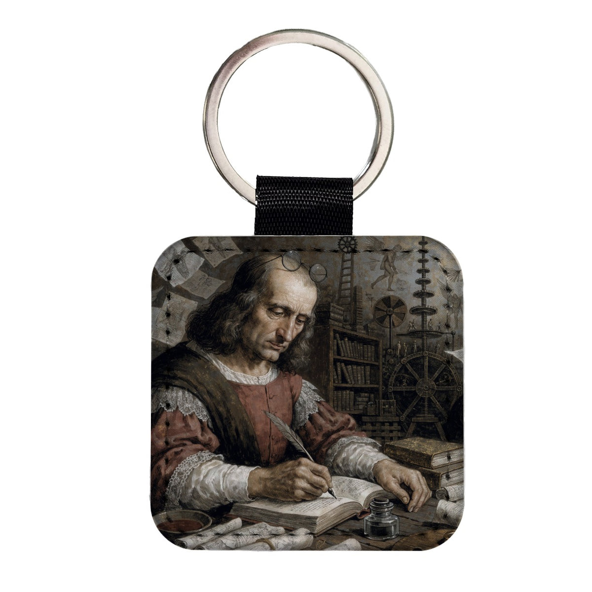 Leonardo Da Vinci Square Faux Leather Keychain