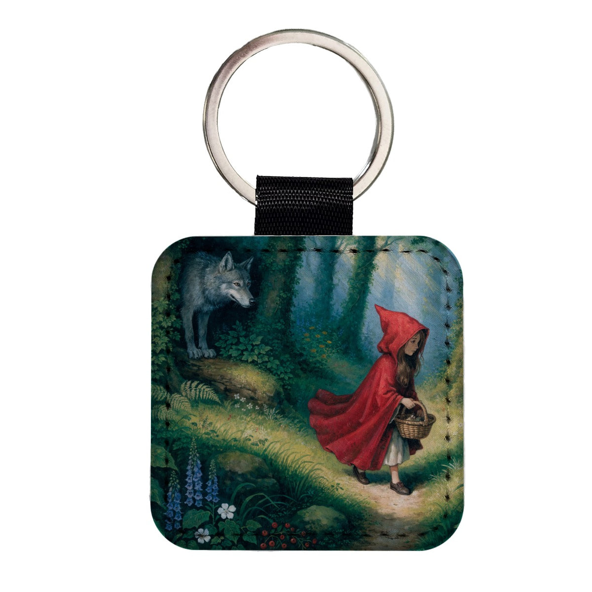Little Red Riding Hood Fairy Tale Square Faux Leather Keychain