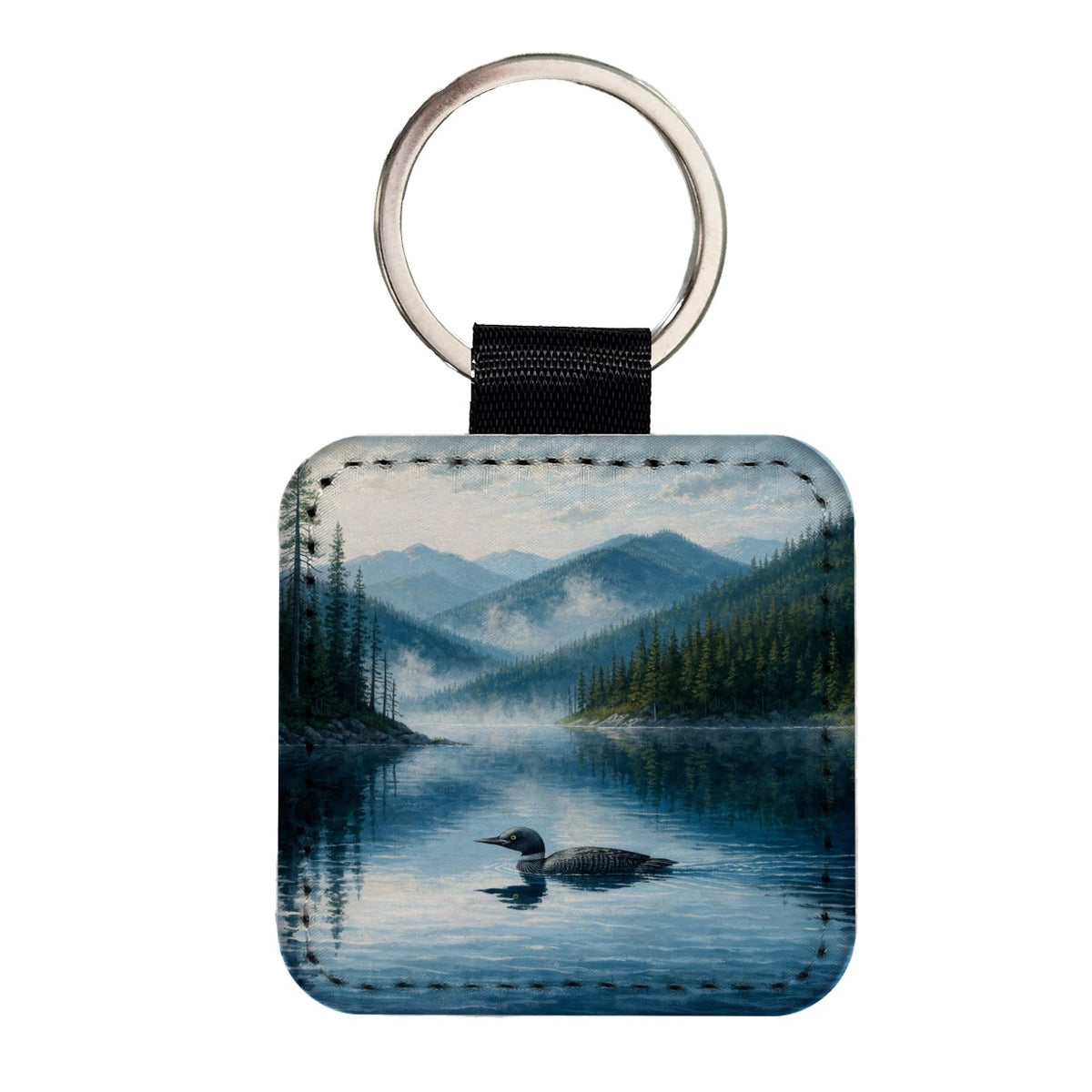 Loon Mountain Lake Square Faux Leather Keychain