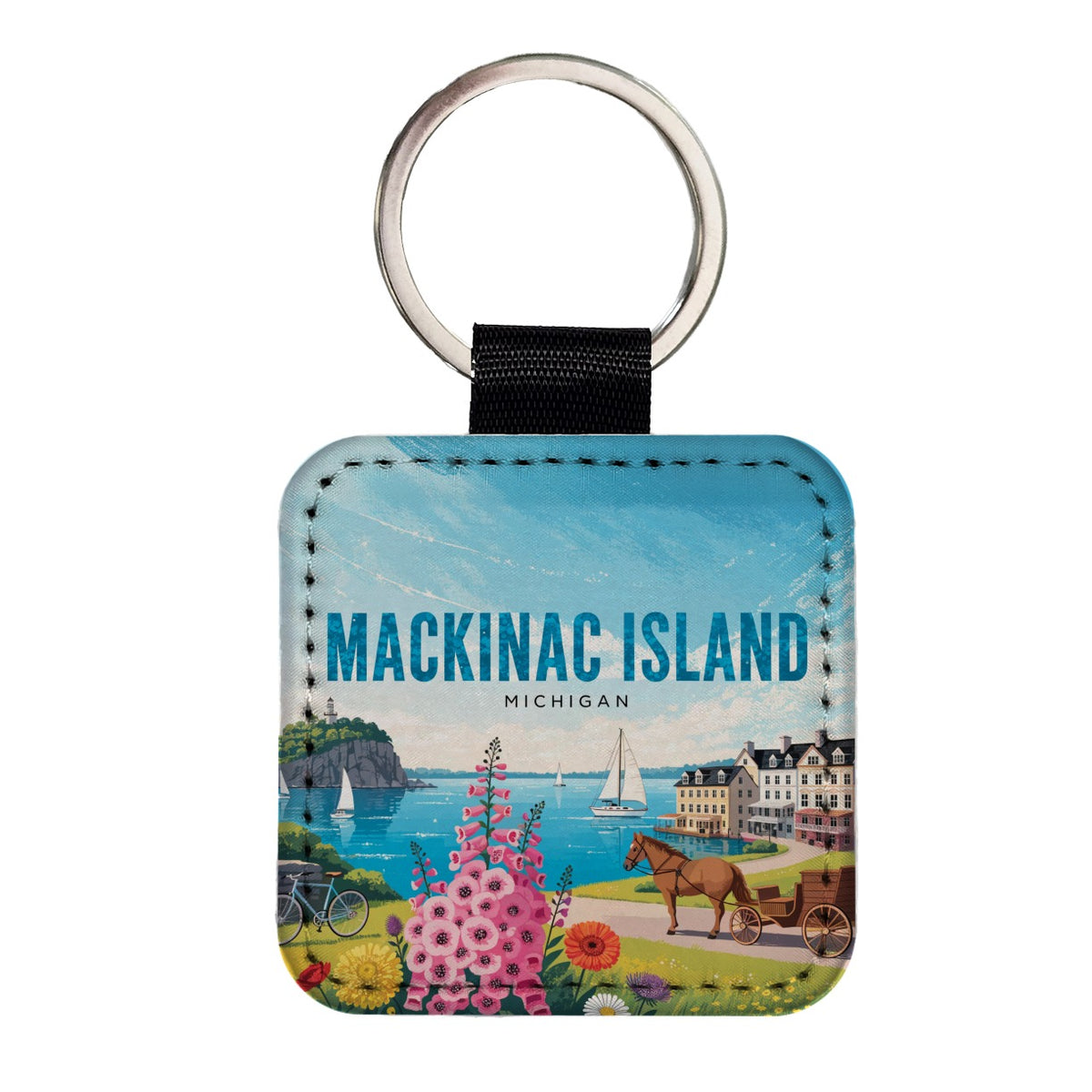 Mackinac Island Michigan Travel Square Faux Leather Keychain