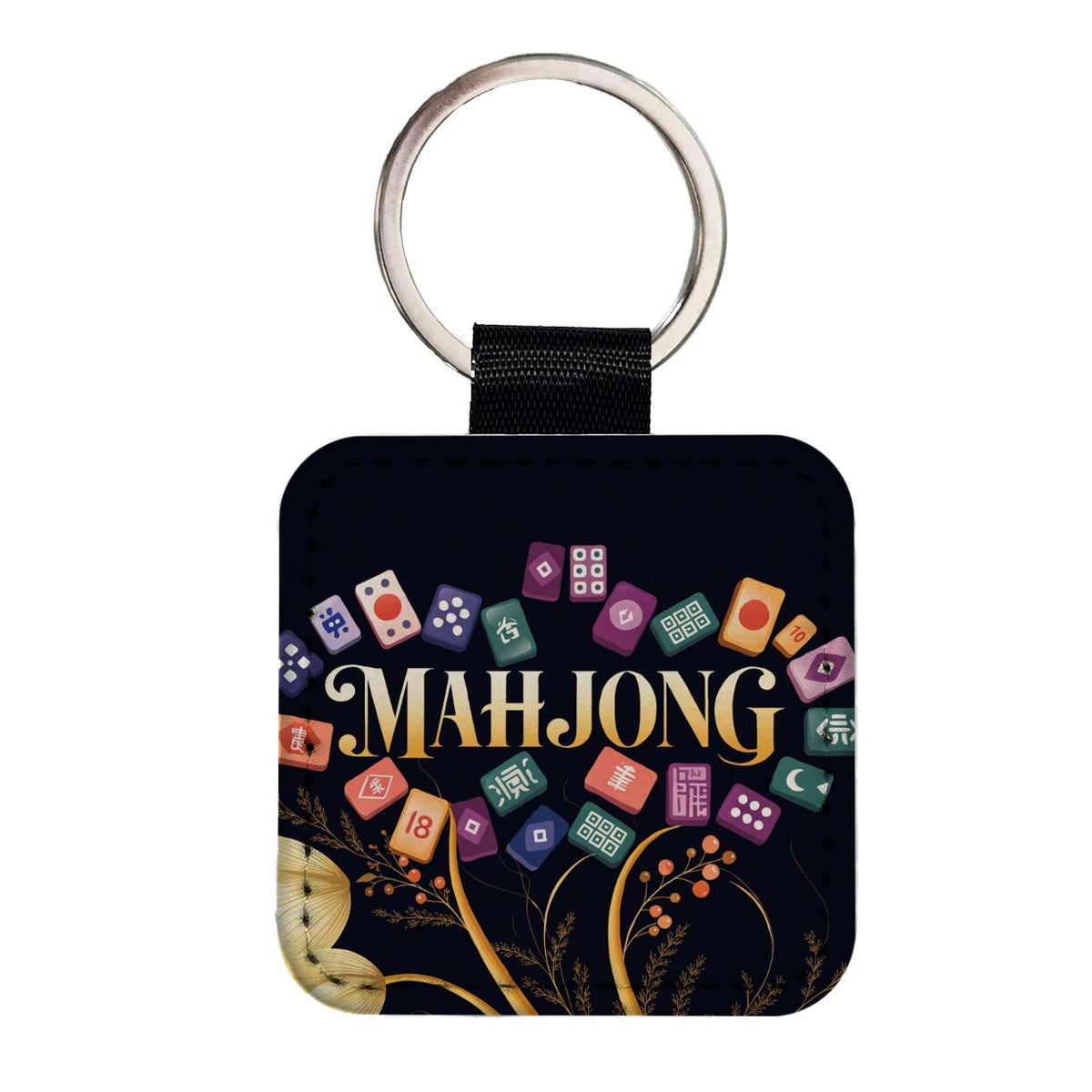 Mahjong Game Tiles Elegant Square Faux Leather Keychain