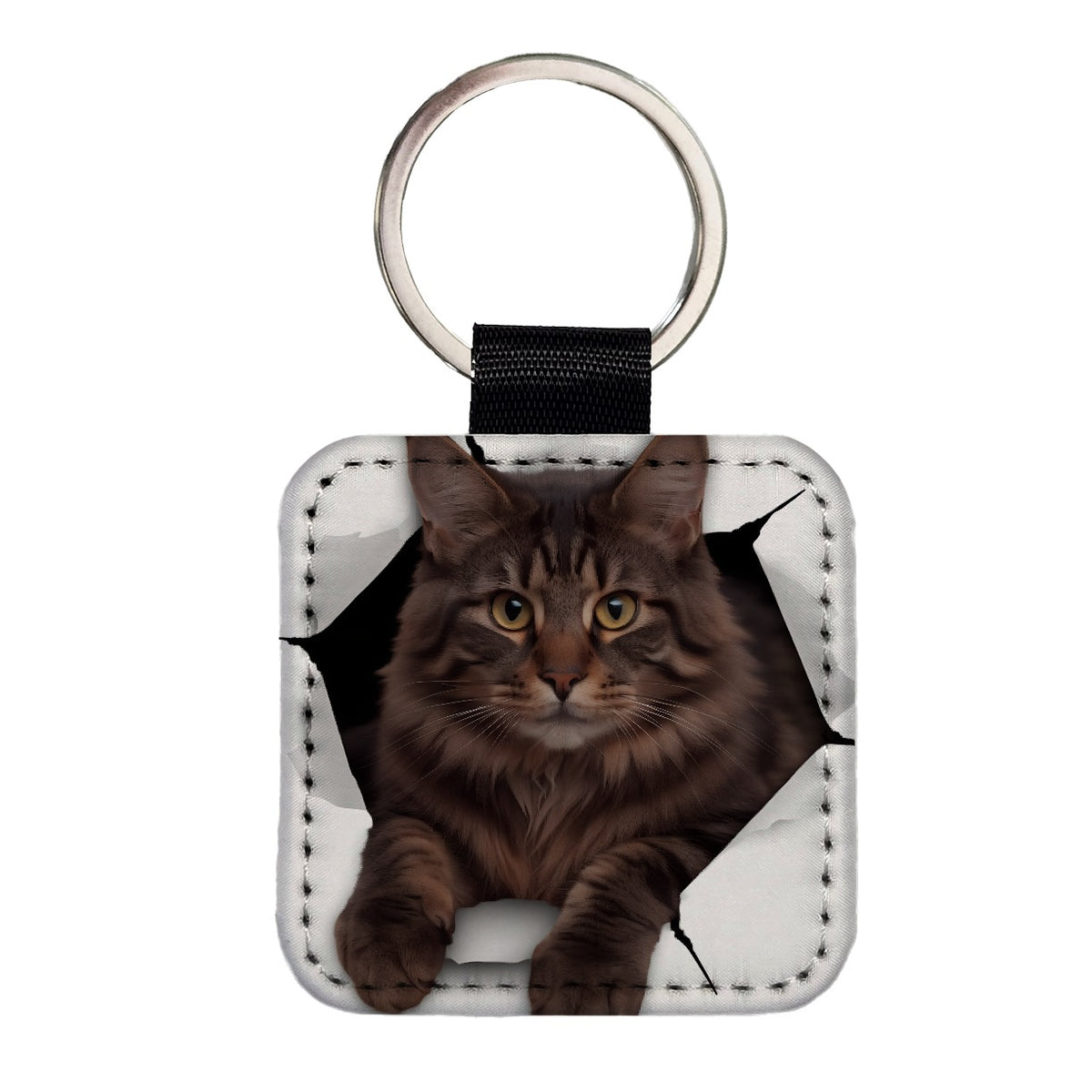 Main Coon Cat Breakout Square Faux Leather Keychain