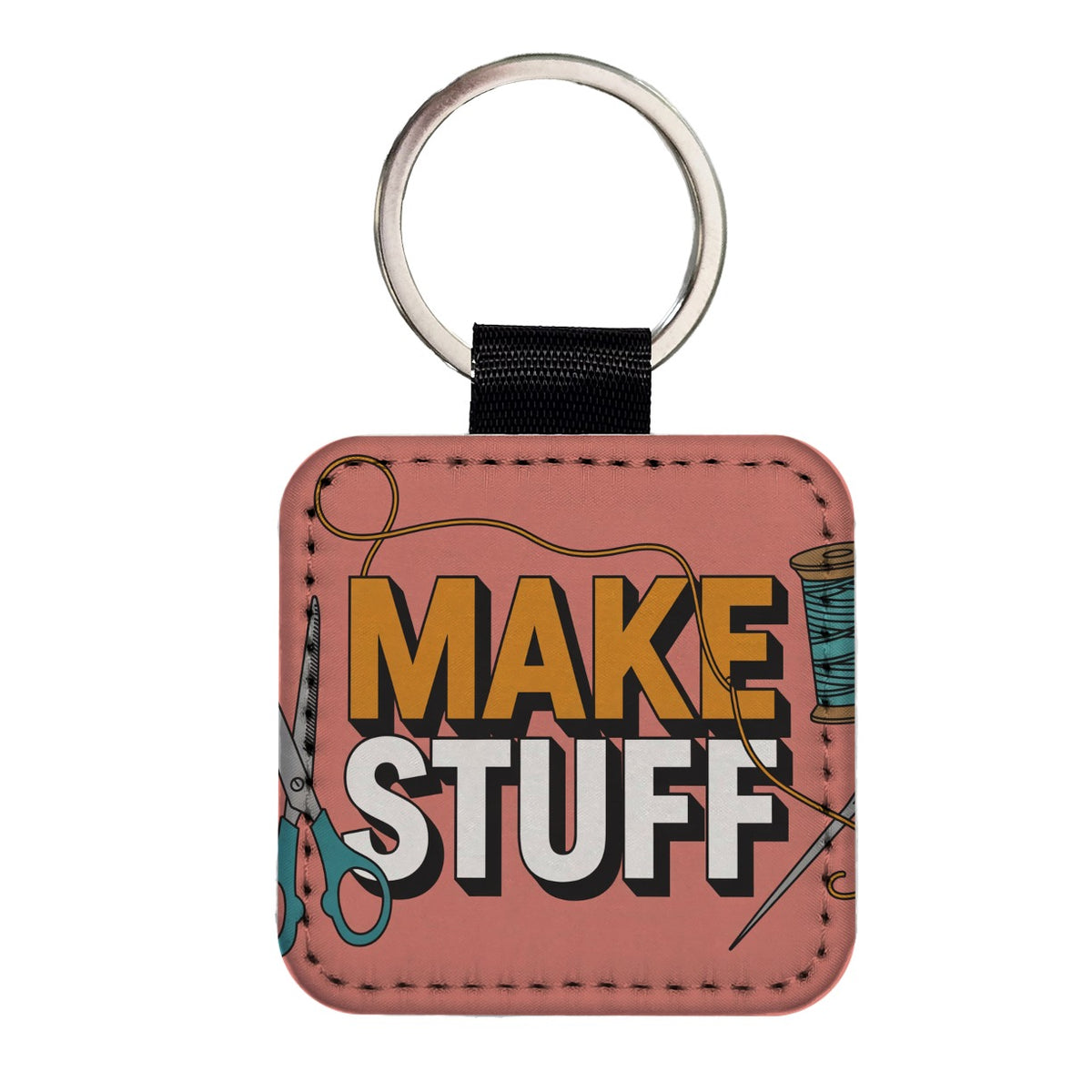 Make Stuff Scissors Thread Sewing Crafter Square Faux Leather Keychain