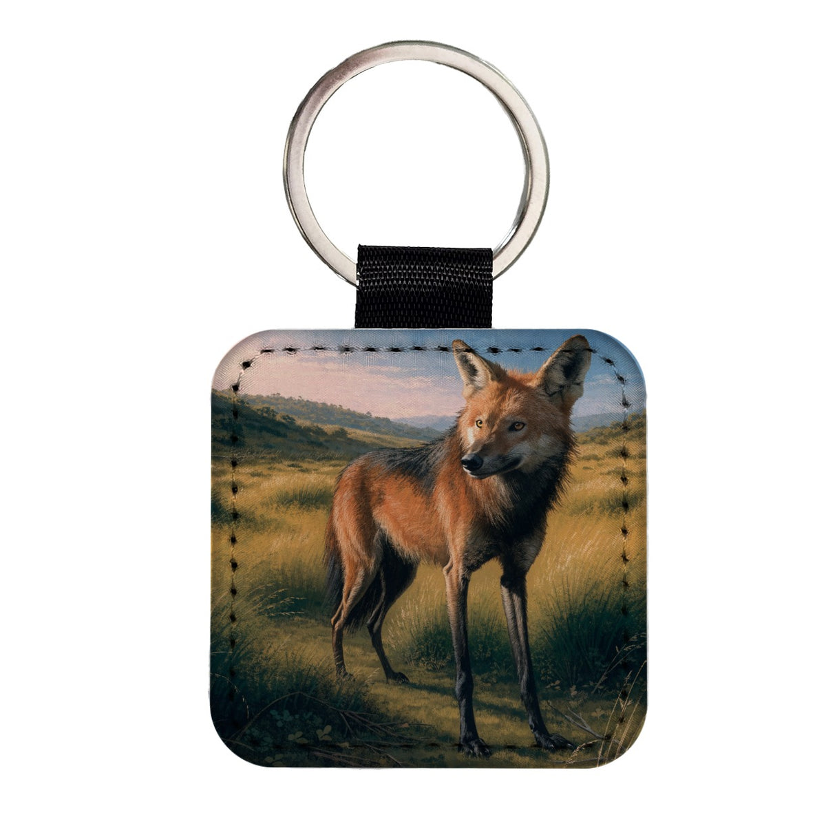 Maned Wolf Grasslands Square Faux Leather Keychain