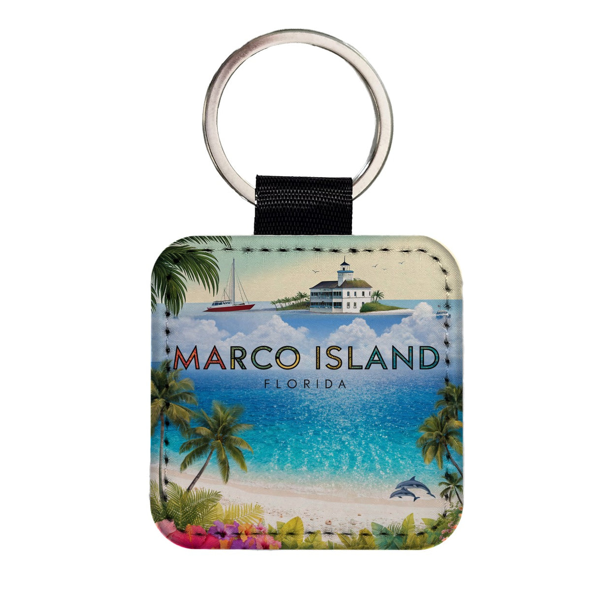 Marco Island Florida Travel Square Faux Leather Keychain