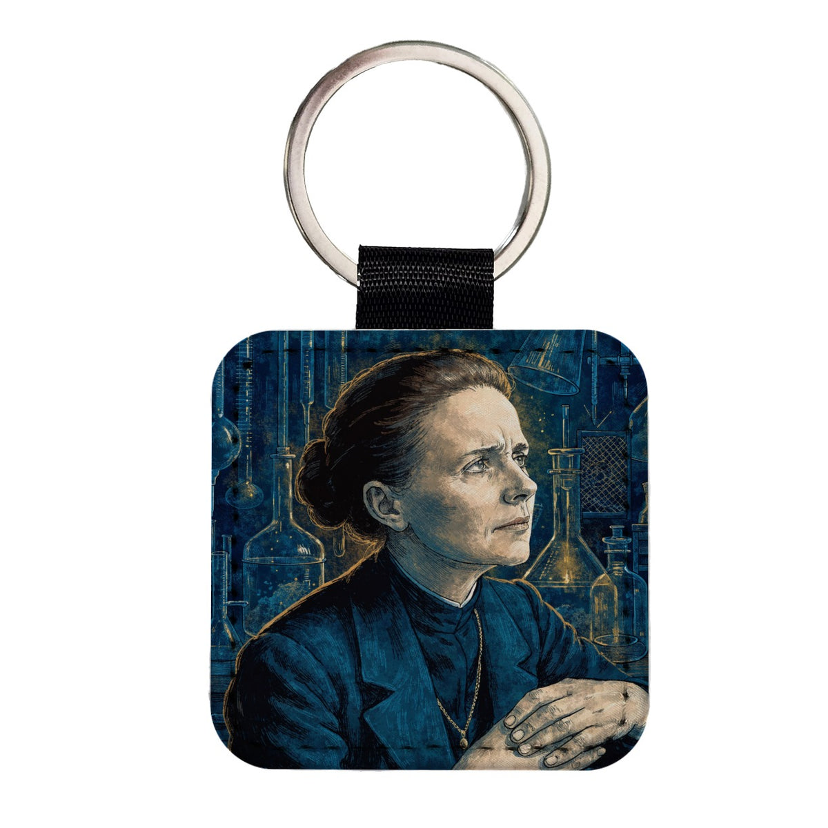 Marie Curie Scientist Square Faux Leather Keychain