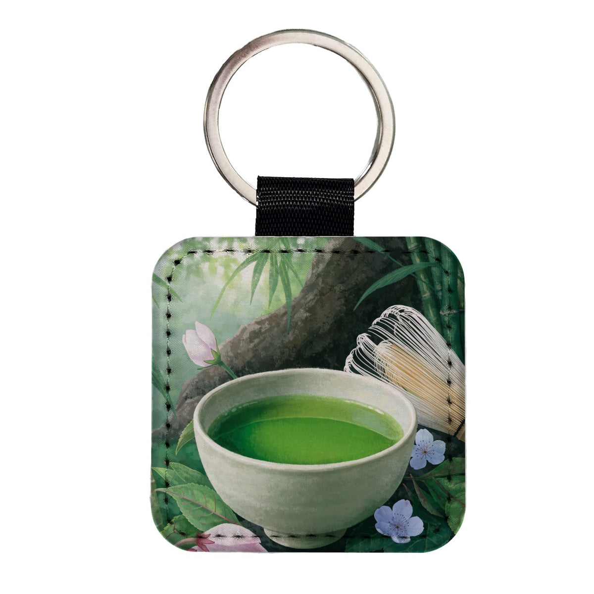 Matcha Tea Garden Square Faux Leather Keychain