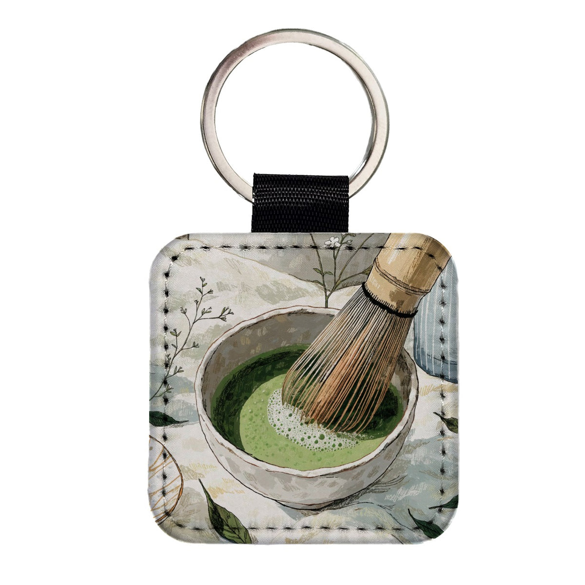 Matcha Tea Quaint Square Faux Leather Keychain