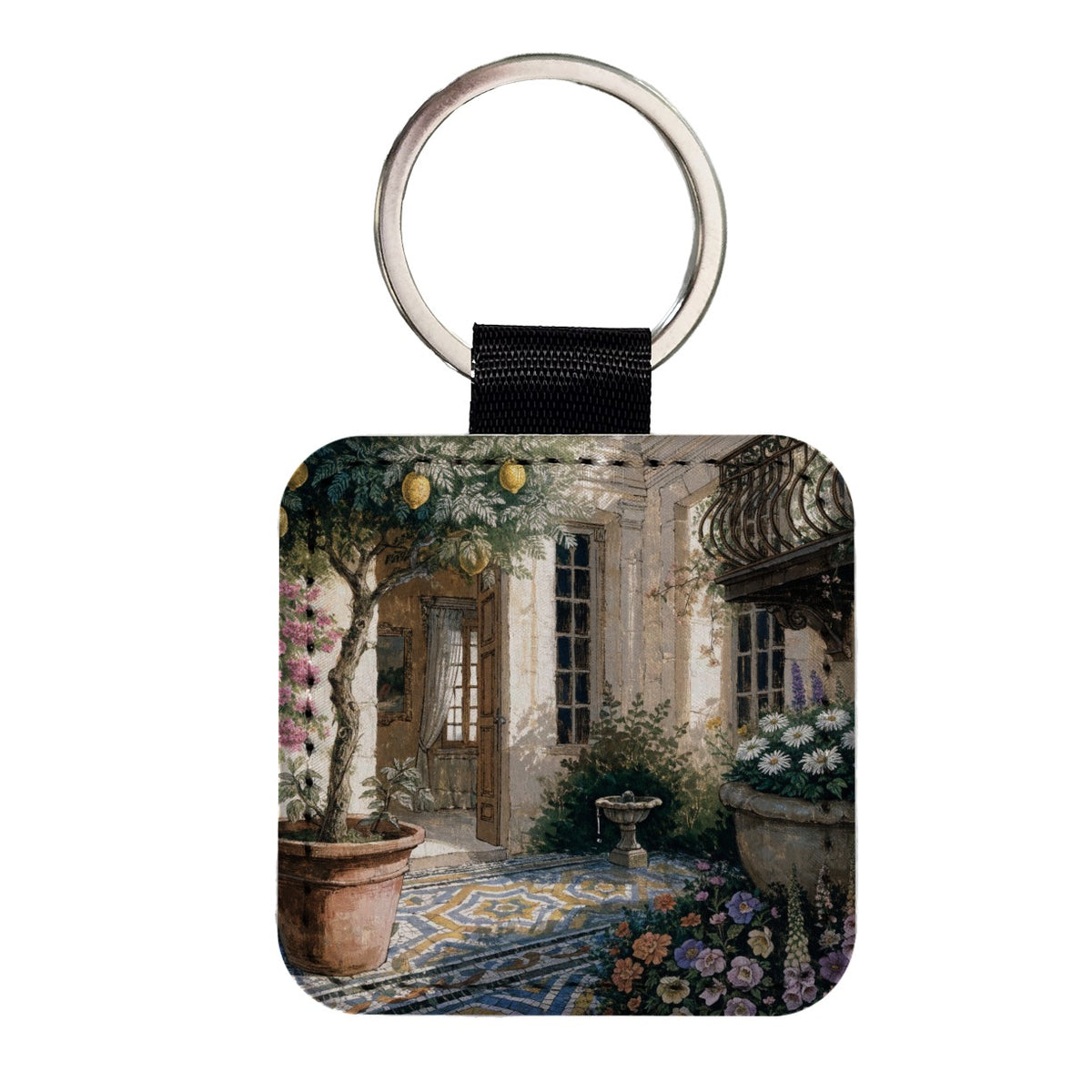 Mediterranean Courtyard Garden Square Faux Leather Keychain