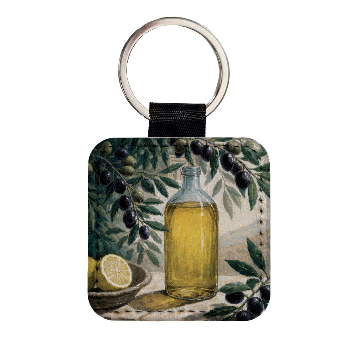 Mediterranean Olive Oil Square Faux Leather Keychain