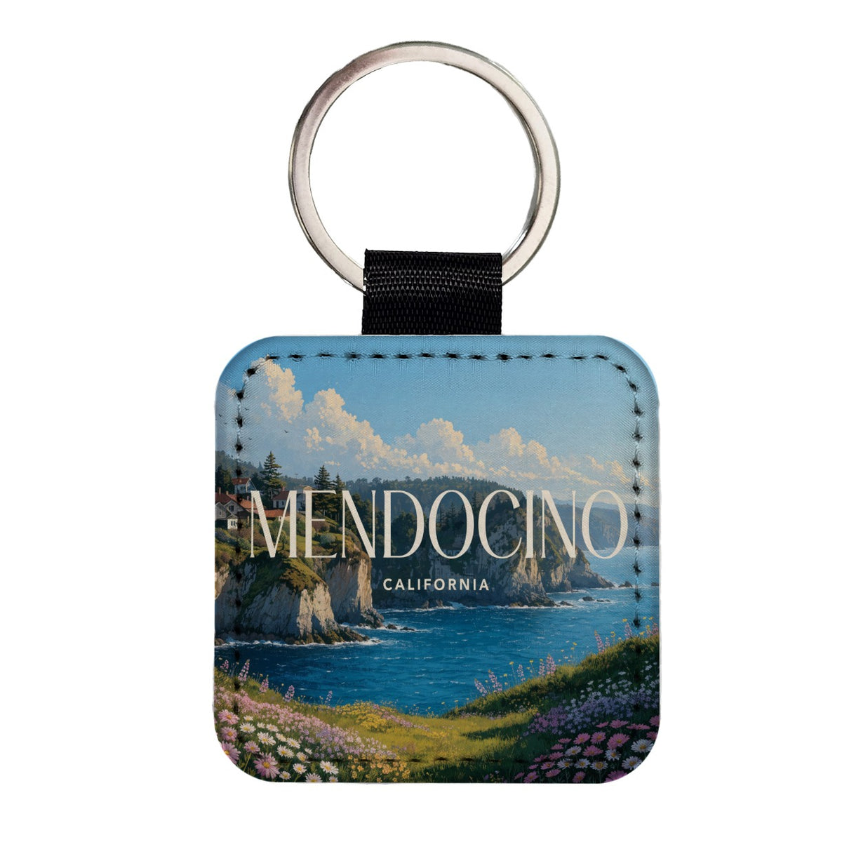 Mendocino California Square Faux Leather Keychain