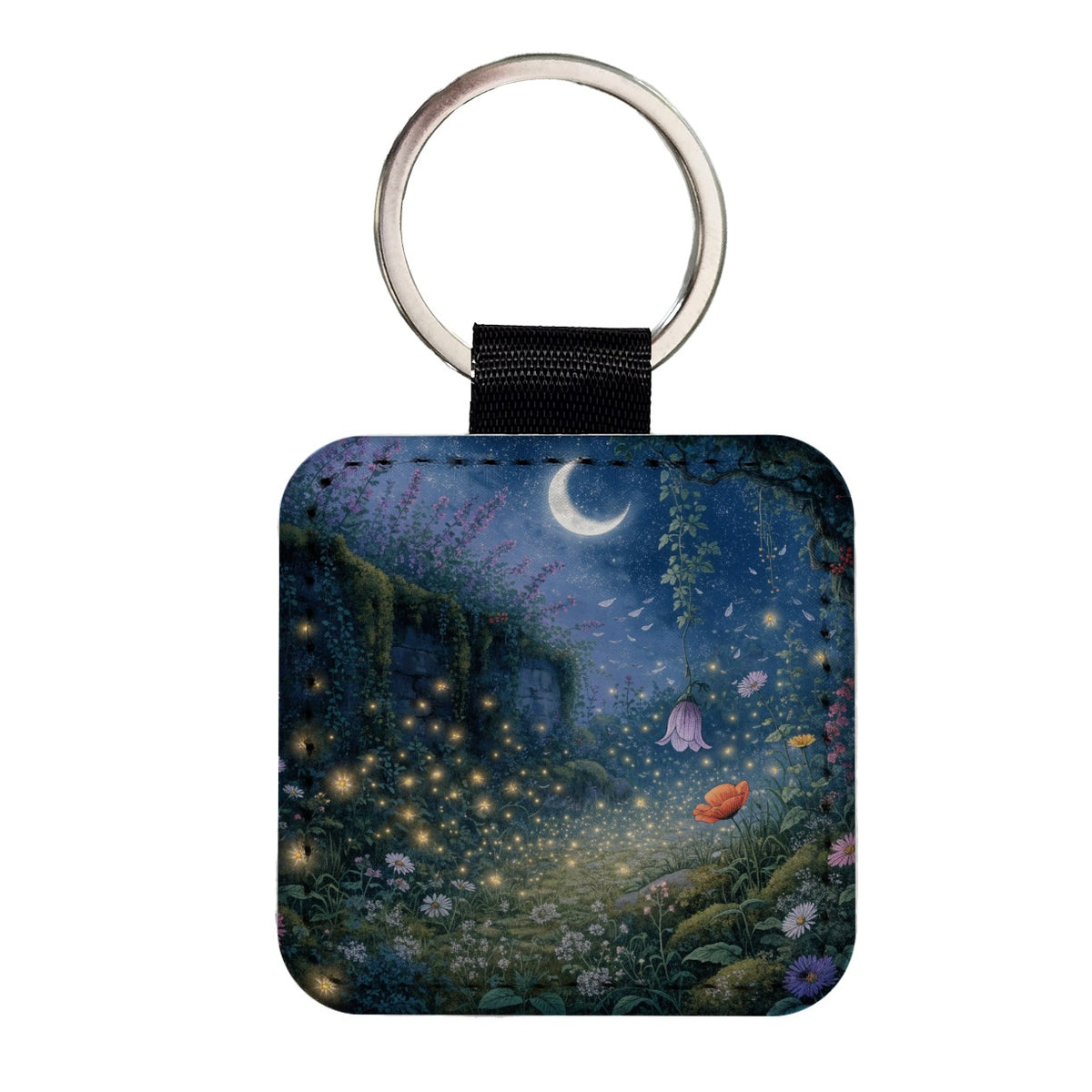 Moonlit Firefly Garden Square Faux Leather Keychain