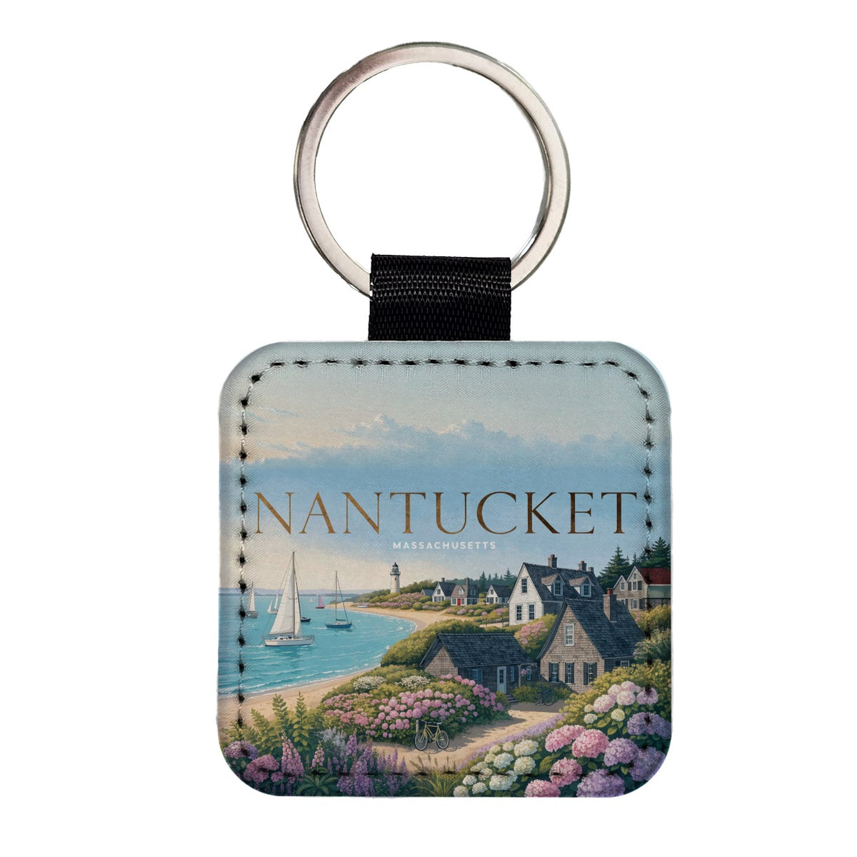 Nantucket Massachusetts Travel Square Faux Leather Keychain
