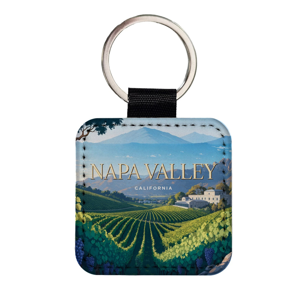 Napa Valley California Travel Grape Vines Wine Square Faux Leather Keychain
