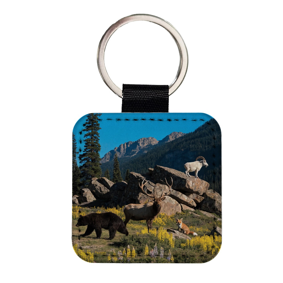 National Park Animals Photo Bear Elk Fox Goat Square Faux Leather Keychain