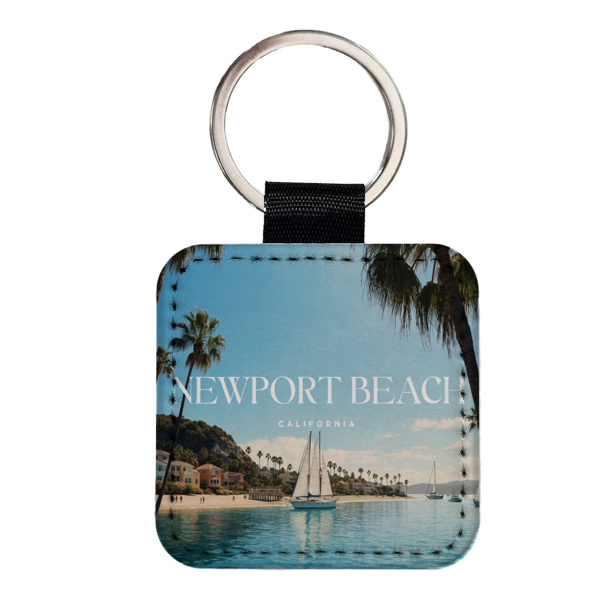 Newport Beach California Travel Square Faux Leather Keychain
