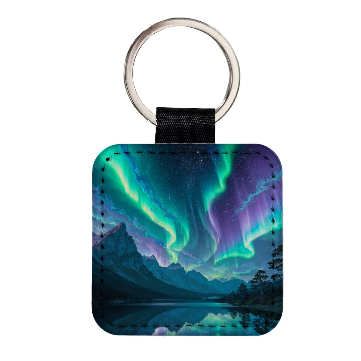 Northern Lights Mountain Lake Square Faux Leather Keychain