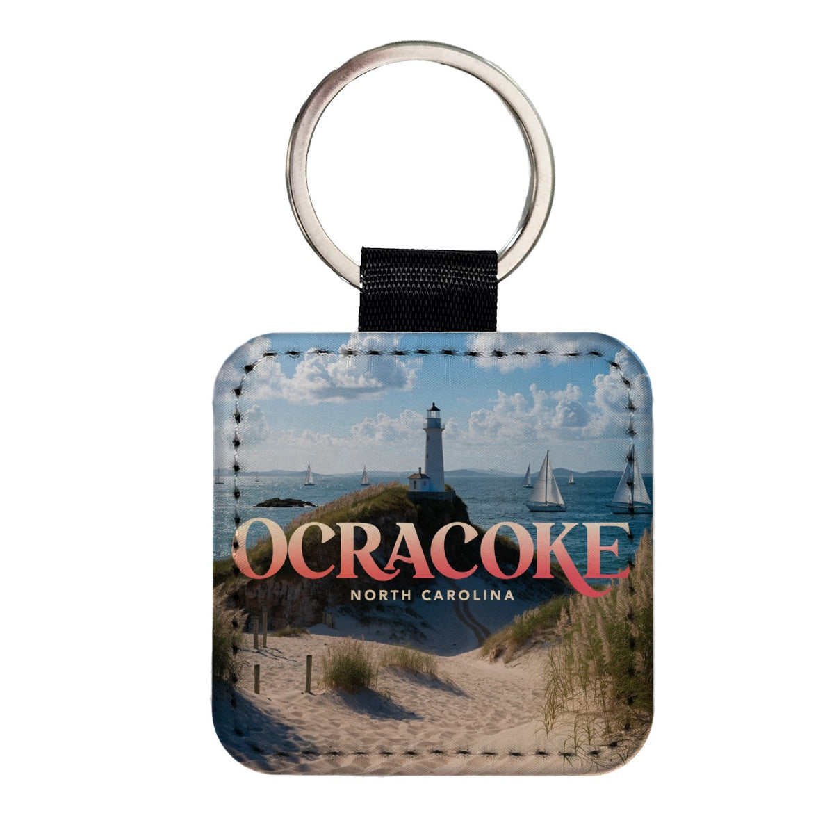 Ocracoke North Carolina Travel Square Faux Leather Keychain