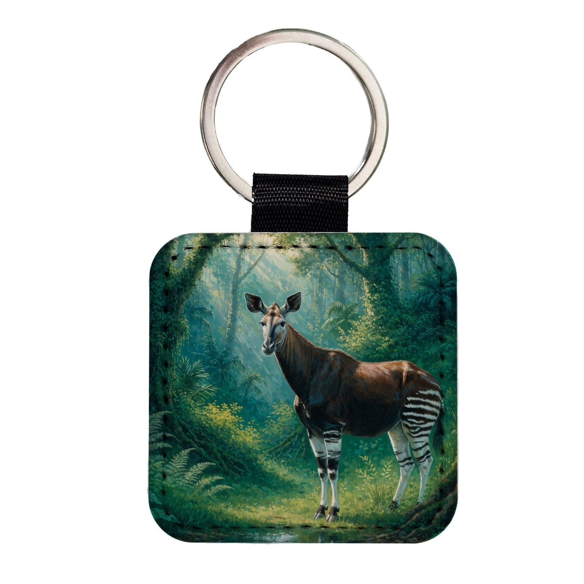 Okapi Rainforest Square Faux Leather Keychain