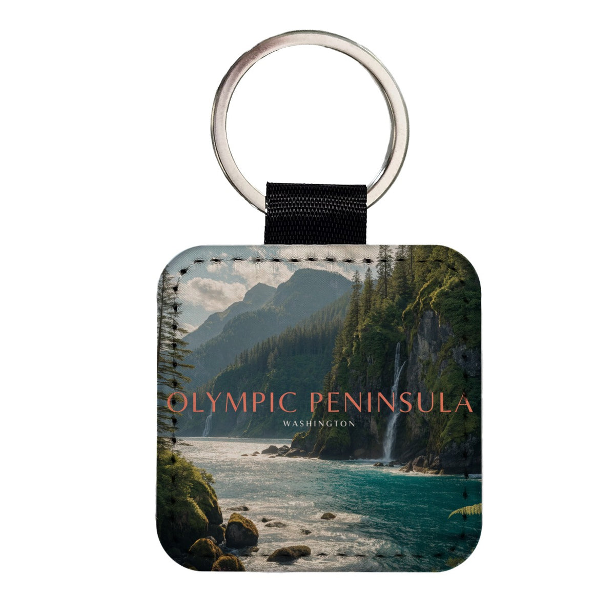 Olympic Peninsula Washington Travel Square Faux Leather Keychain