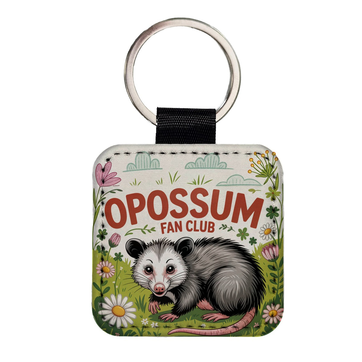 Opossum Fan Club In Flowers Square Faux Leather Keychain
