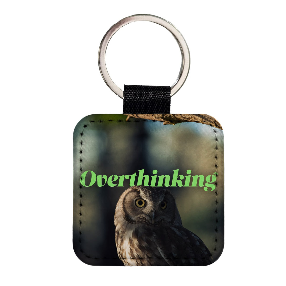 Overthinking Owl Funny Square Faux Leather Keychain