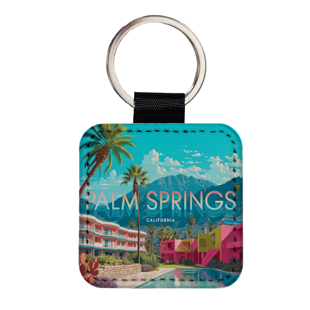 Palm Springs California Travel Square Faux Leather Keychain