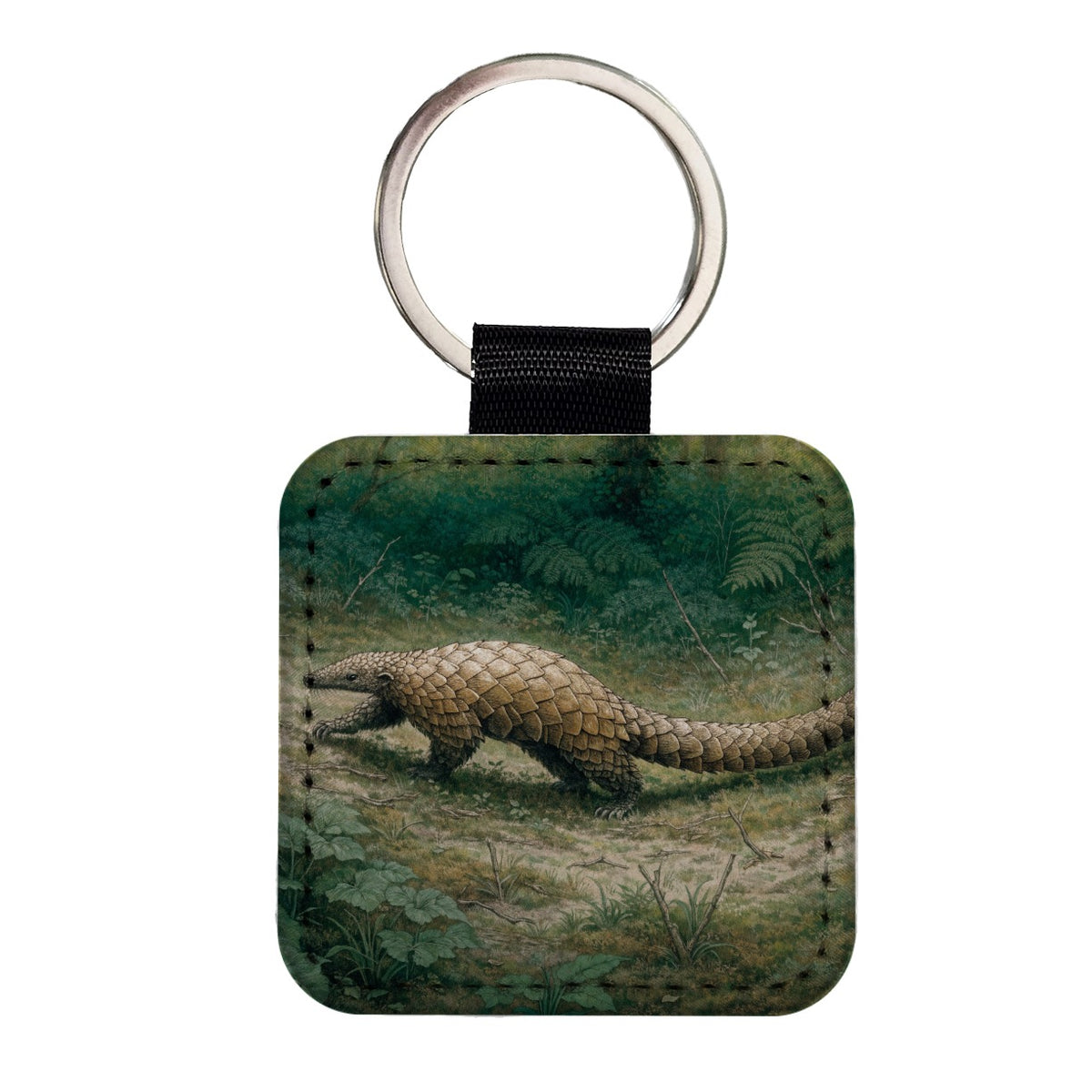 Pangolin Walking Square Faux Leather Keychain