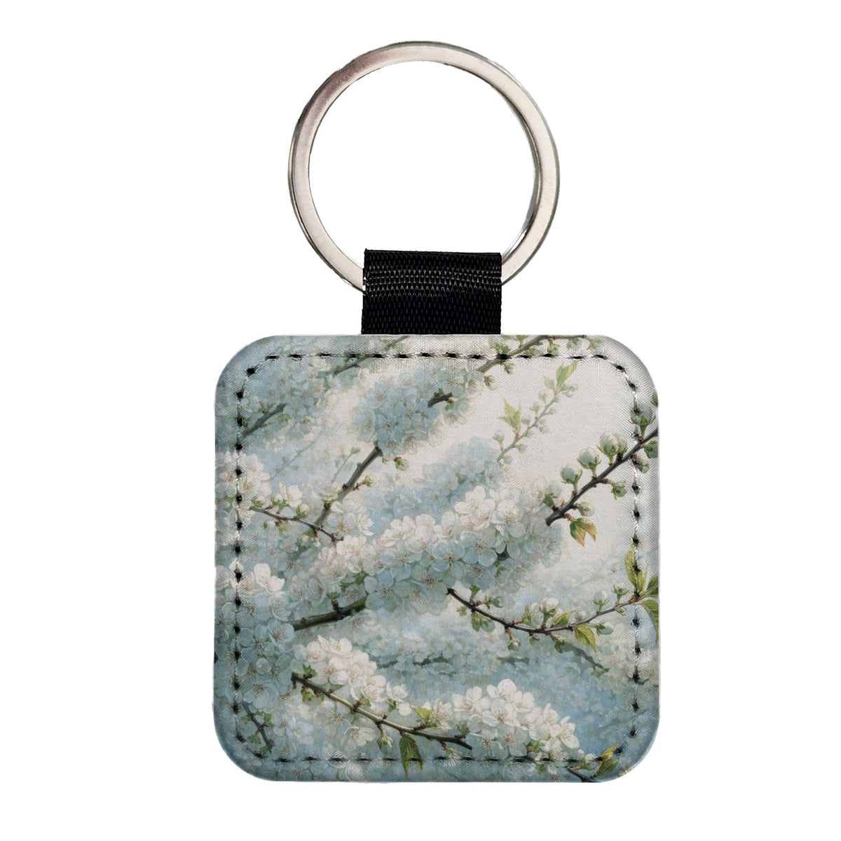 Pear Blossom Branches Square Faux Leather Keychain