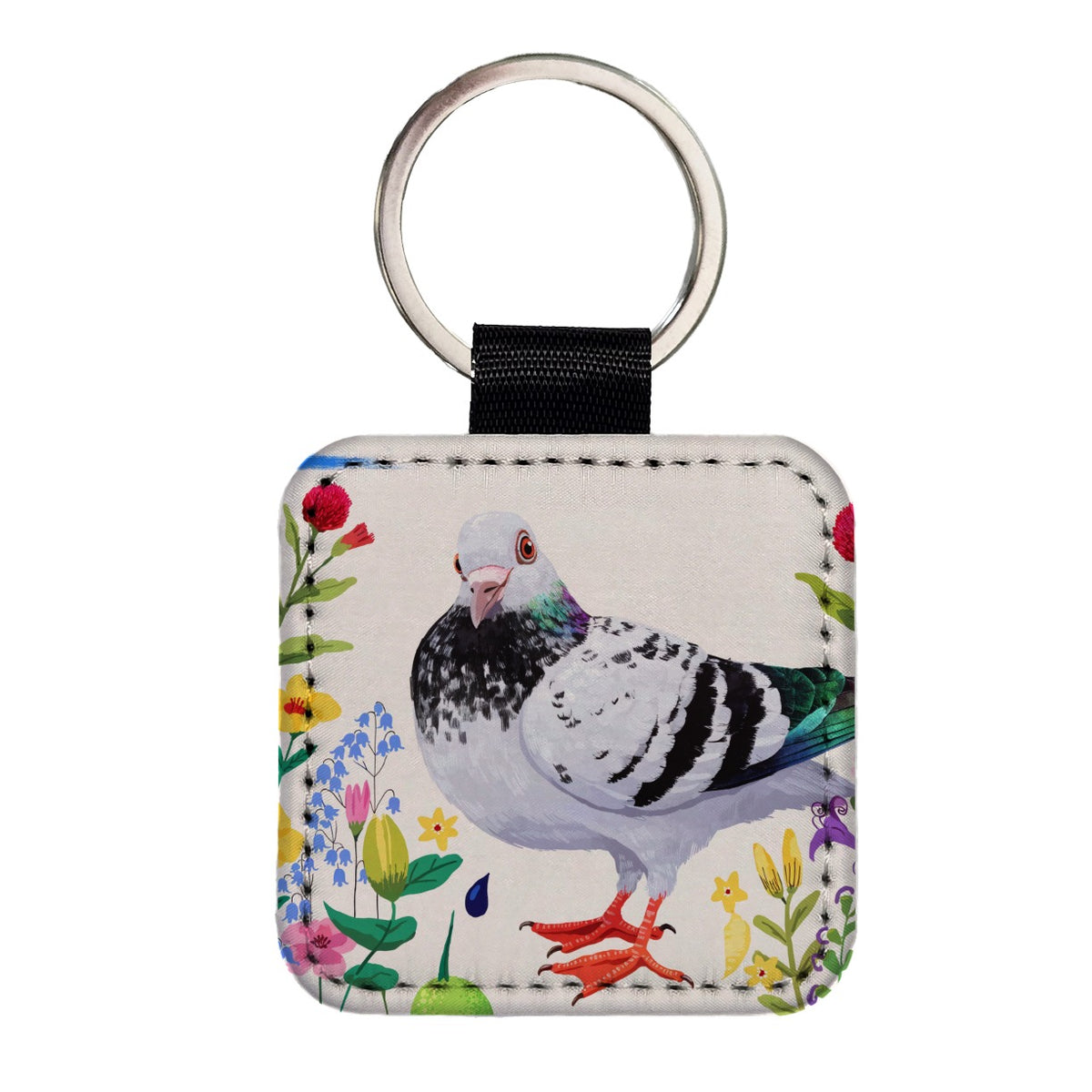 Pigeon With Wildflowers Square Faux Leather Keychain