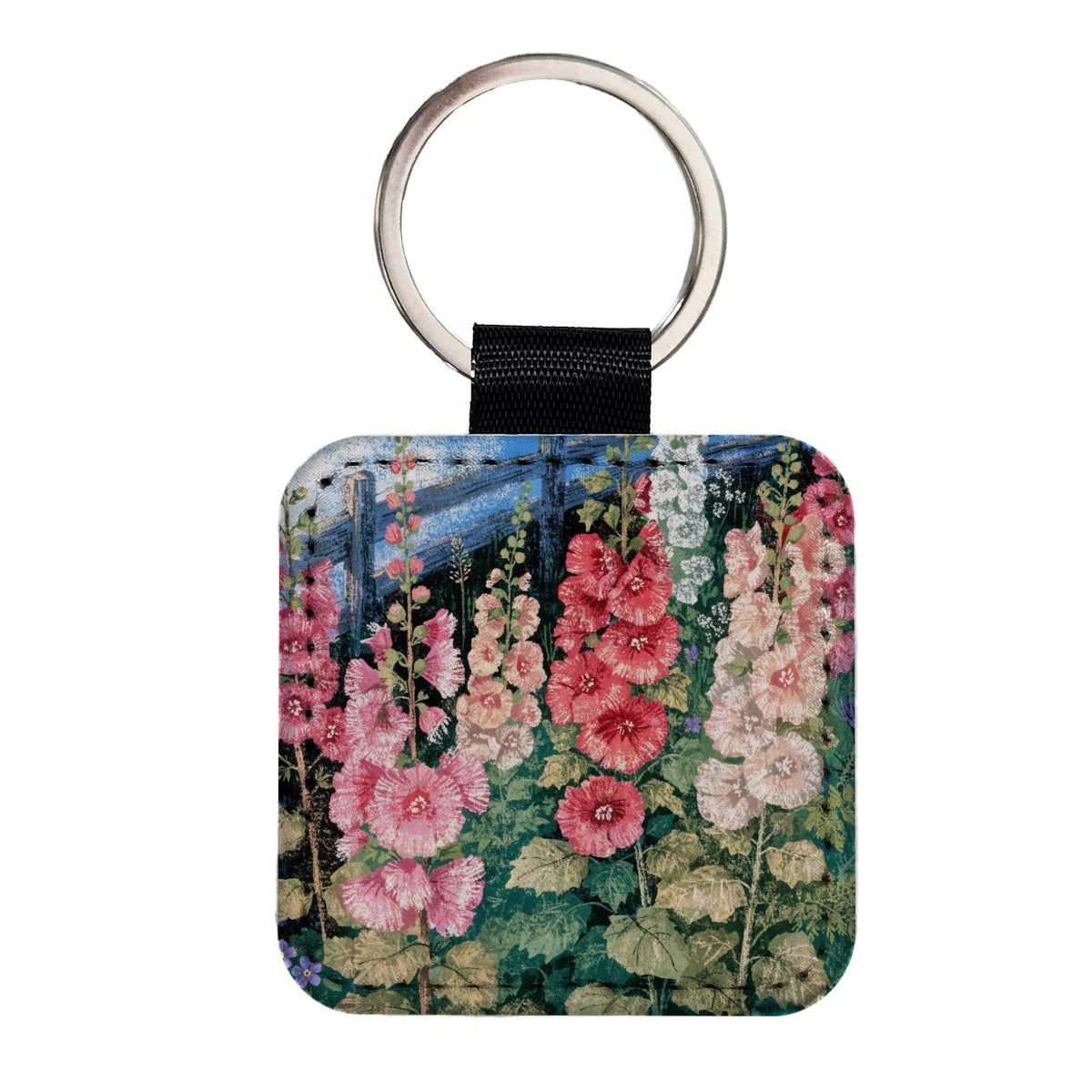 Pink Hollyhock Cottage Garden Square Faux Leather Keychain