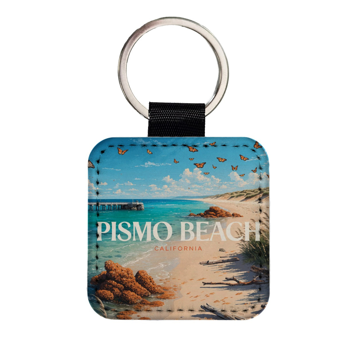 Pismo Beach California Travel Square Faux Leather Keychain