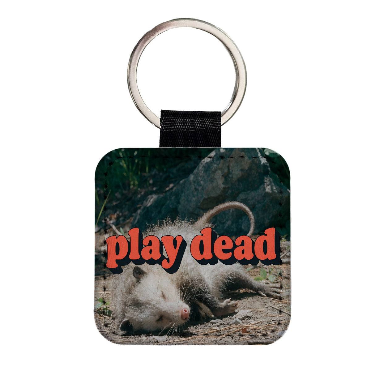 Play Dead Opossum Funny Square Faux Leather Keychain